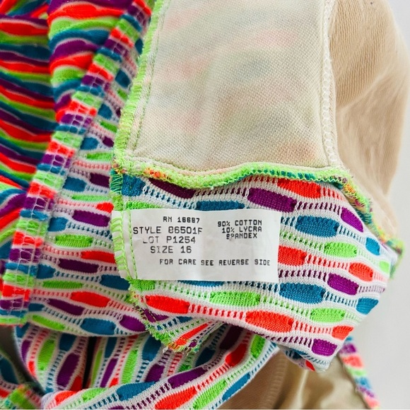 Vintage 90s One Piece Swimsuit Fluorescent Neon Size L/XL Stripes Textured - Picture 10 of 12
